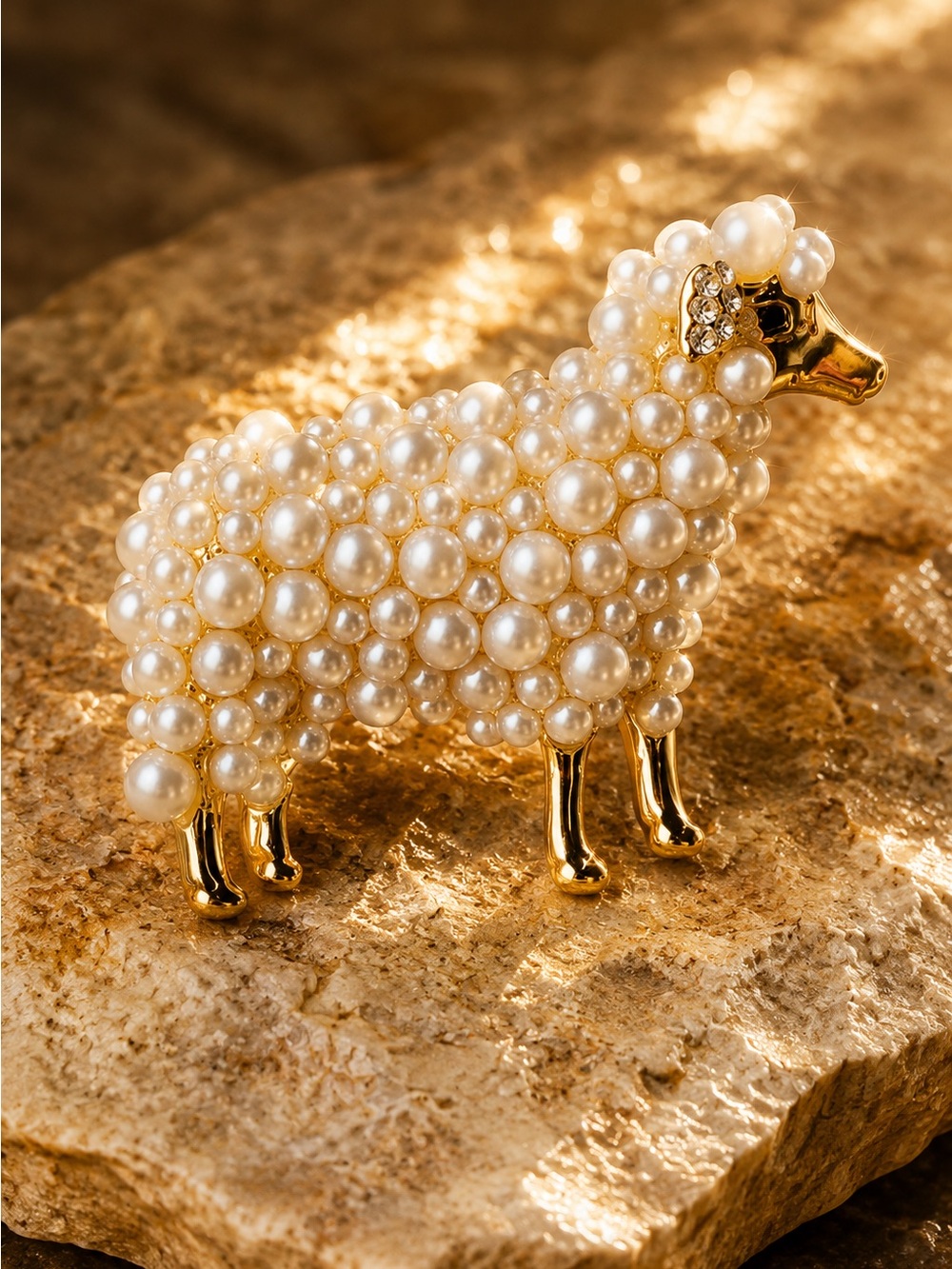 White Pearl accent Sheep Brooch - Gold & Cream/white tones - Picture 9 of 13